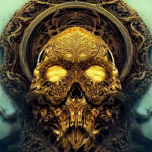 Prompt: ancient hybrid majestic gold skulls whirlpool cosmos throne beautiful symmetrical face mask closeup face mask golden ratio concept, deep forest psytrance Neo-Gothic concept, infinity glyph waves, intricate artwork masterpiece, very coherent artwork, cinematic, full frontal facial features by Artgerm, Takato Yamamoto, Zdizslaw Beksinski, Johnatan Wayshak, Moebius, H.R. Giger, Ayami Koj ima, very coherent artwork, trending on cgsociety, ultra high quality model, production quality cinema model, high detail chromatic ink outline, octane render, hyper reali sm, high detail, octane render, High contrast, highly detailed black ink outline