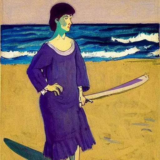 Prompt: blue violet by william gropper, by eugene grasset lifelike. the painting of a young girl in a traditional hula outfit. she is standing on a surfboard in front of a beautiful ocean landscape.