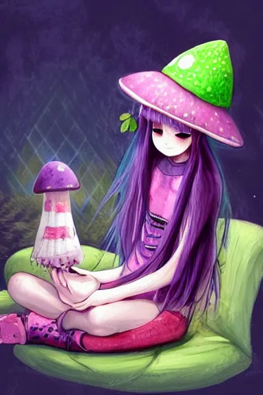 Prompt: a beautiful little girl wearing a mushroom hat sitting on her bed petting a frog in her lap | | purple hair, pretty face, braids in hair, fine details, made by maki simonetti, trending on pixiv, anatomically correct