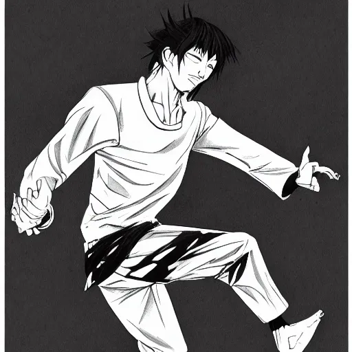 Image similar to a black and white drawing of a man doing a kick, an illustration of by gatoken shunshi, pixiv contest winner, black arts movement, dynamic pose, official art, sabattier effect