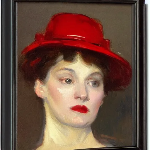 Image similar to frontal portrait of a woman wearing a red hat, by john singer sargent.