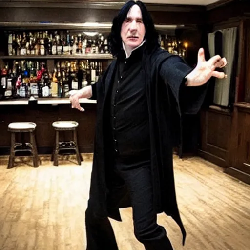 Image similar to Severus Snape dances in a bar, realistic, full body, very detailed, super realistic