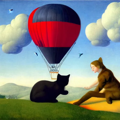 Image similar to a girl and her cat enjoying a hot-air-balloon ride by Raphael, Hopper, and Rene Magritte. detailed, romantic, enchanting, trending on artstation.