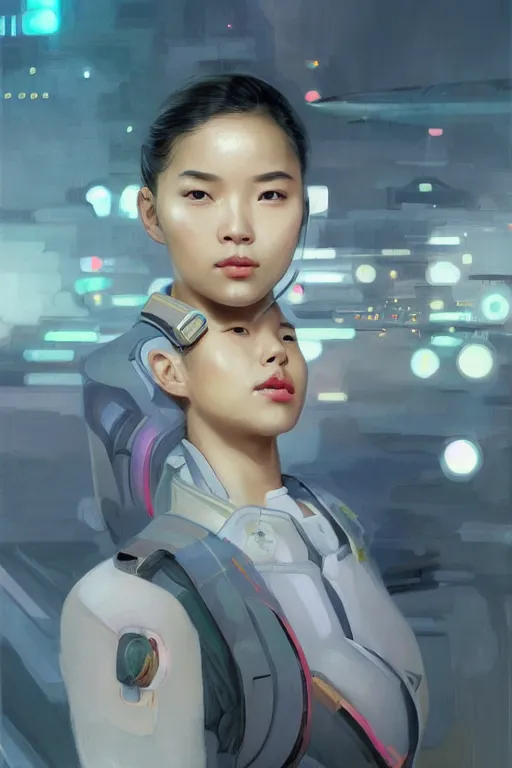 Image similar to portrait futuristic asian airforce girl, looking at the camera, expressive pose, symmetrical face, in future airport rooftop , sci-fi, fantasy, intricate, very very beautiful, elegant, human anatomy, neon light, highly detailed, digital painting, artstation, concept art, smooth, sharp focus, illustration, art by tian zi and WLOP and alphonse mucha