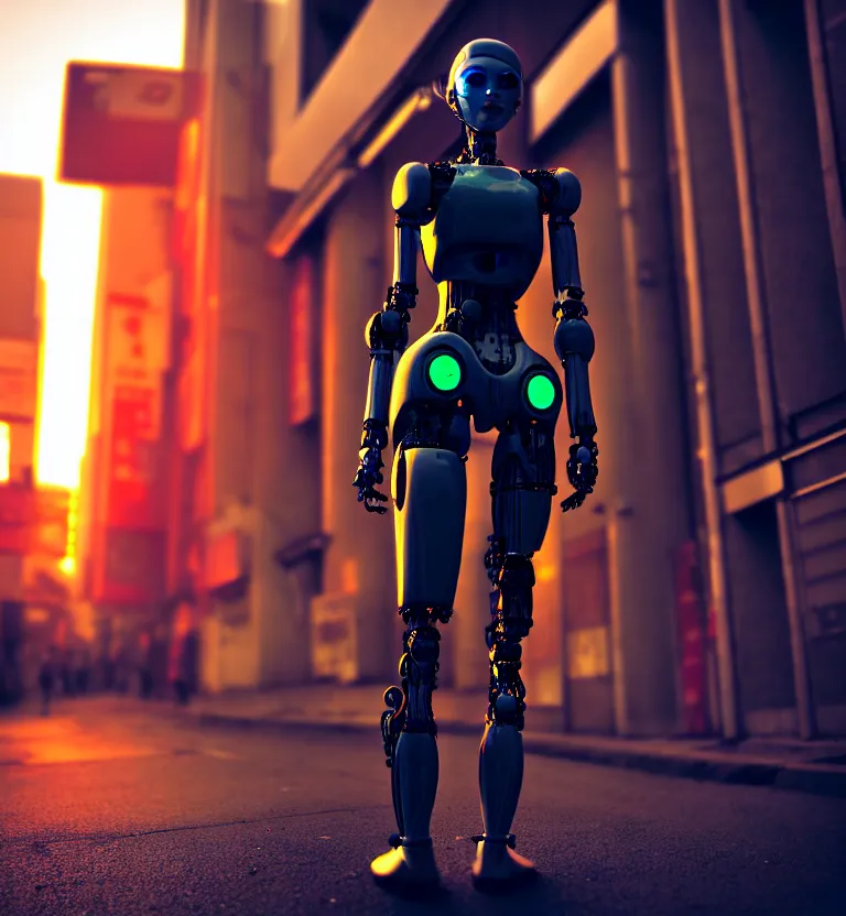 Image similar to a photo close up cyberpunk half robot half girl stands in a cyberpunk hiroshima, prefecture streets, sunset, photorealistic, cinematic lighting, very detailed, style by tomino - sama