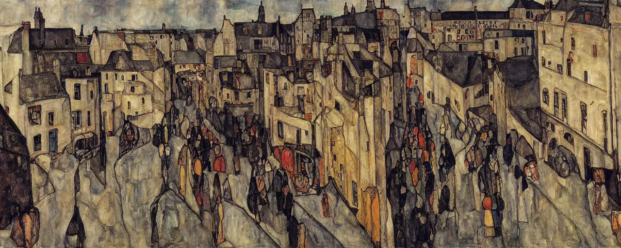 Prompt: a painting of street life in kirkwall orkney, by egon schiele