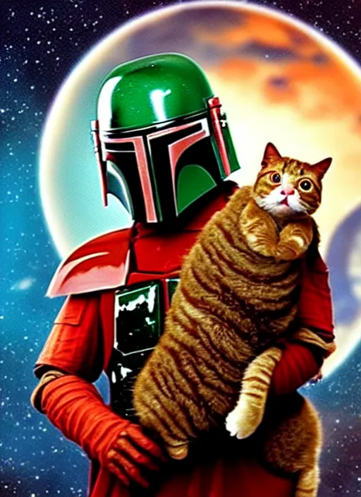 Prompt: film still of boba fett holding a fat ginger cat in his arms, star wars, beautiful glowing lights, planets in background, sci - fi, stunning, intricate, elegant. highly detailed
