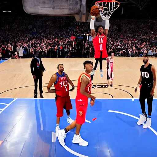 Image similar to elon musk slam dunks in the 2 0 1 9 nba slam dunking contest