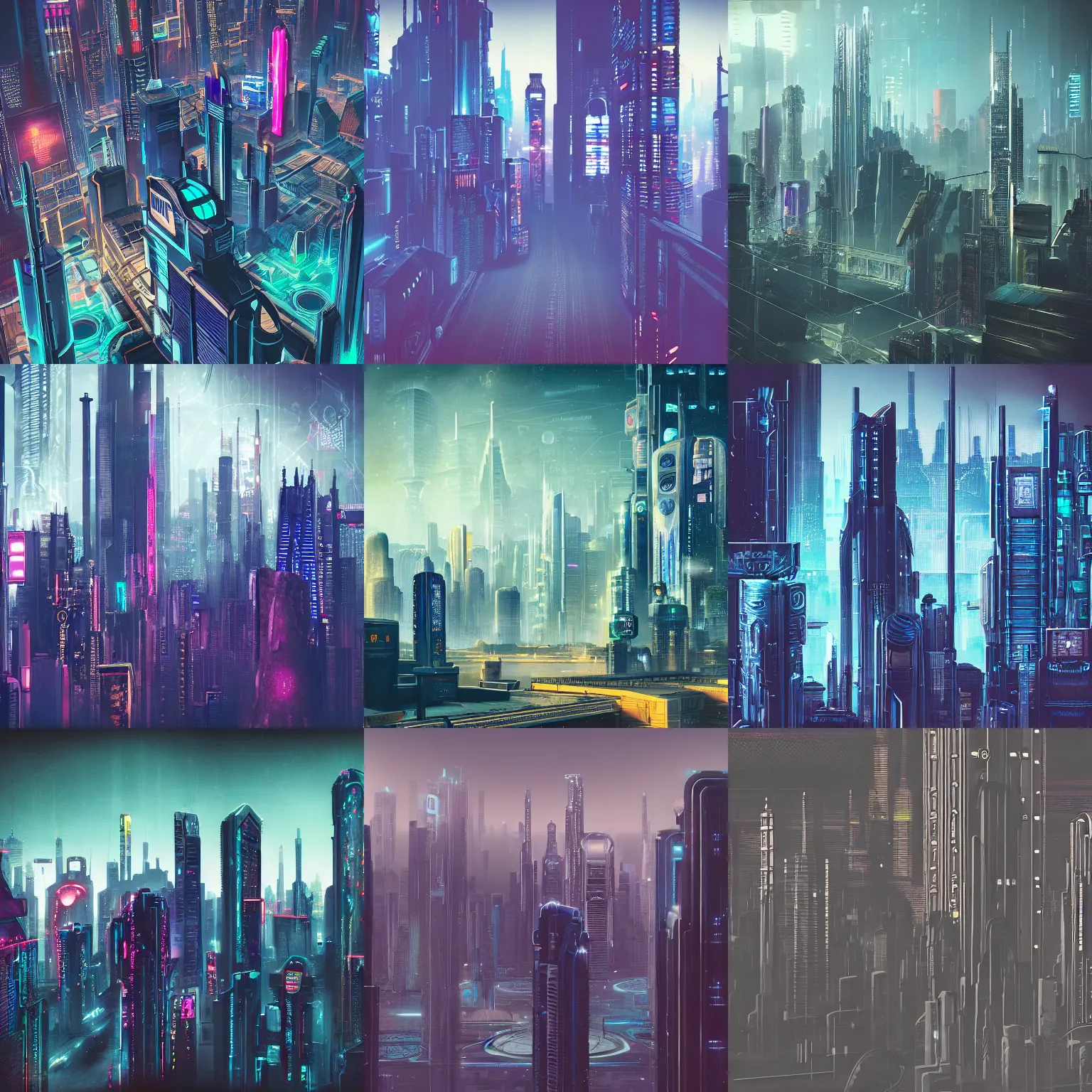 Prompt: detailed photo of a realistic cyberpunk Art Deco skyline