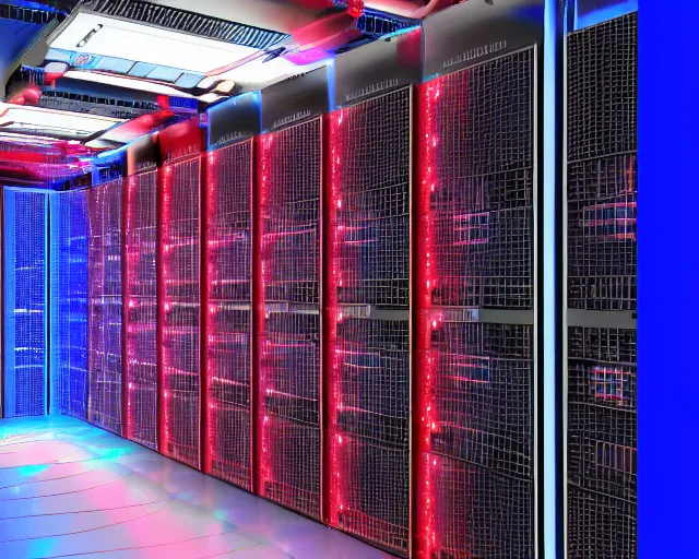 Image similar to datacenter with server in the middle, red laser grid, deep view, heavy blue led lights, wires connected, award winning, extremely detailed, artstation, 8 k, incredible art