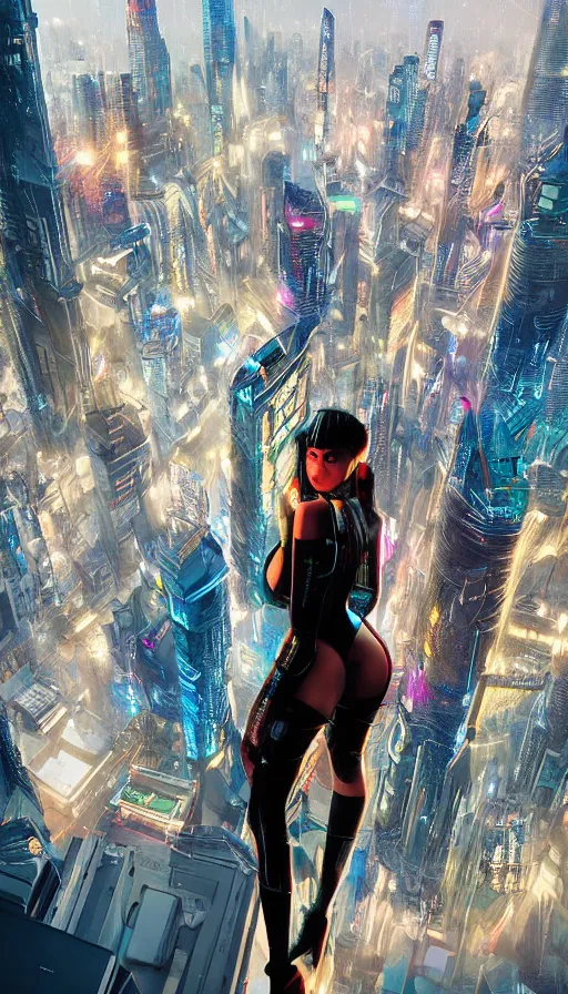 Prompt: photo of cyberpunk show girl on a roof, looking up at cityscape of vertical cyberpunk city with high towers, shanghai, by Alena Aenami and blade runner and akira,