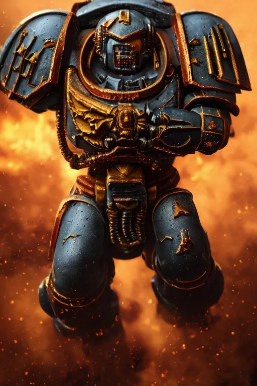 Image similar to a photo of a space marine, warhammer 4 0 k setting, dynamic pose, close - up, intricate details, intricately detailed clothing, intricate textures, warm lighting, vivid colors, smoke and mist, realistic octane render, hyper realistic render, volumetric shading, depth of field, raytracing, 8 k,