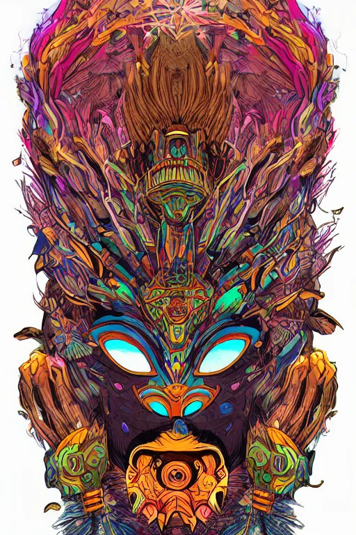 Image similar to animal mask totem roots tribal feather gemstone plant wood rock shaman vodoo video game vector illustration vivid multicolor borderlands comics by josan gonzales and dan mumford radiating a glowing aura