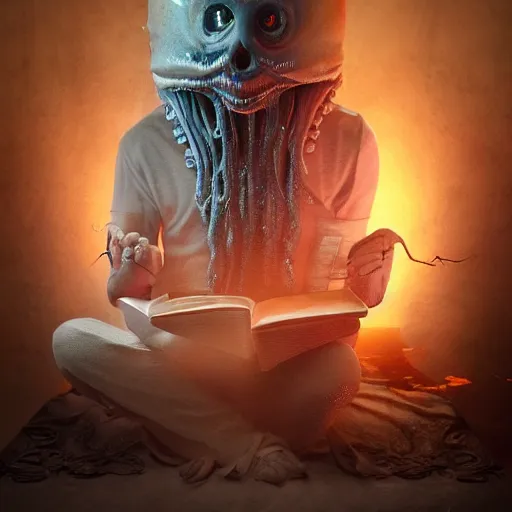 Image similar to a transparent human man ghost is reading a scary book that has come to life with sharp teeth and slimy tentacles emerging from the pages, photo, colorful, artstation, unreal engine, 8K, CGSociety, realistic materials, intricate details, photo-realistic, postprocessing, 4k ultra HD photograph