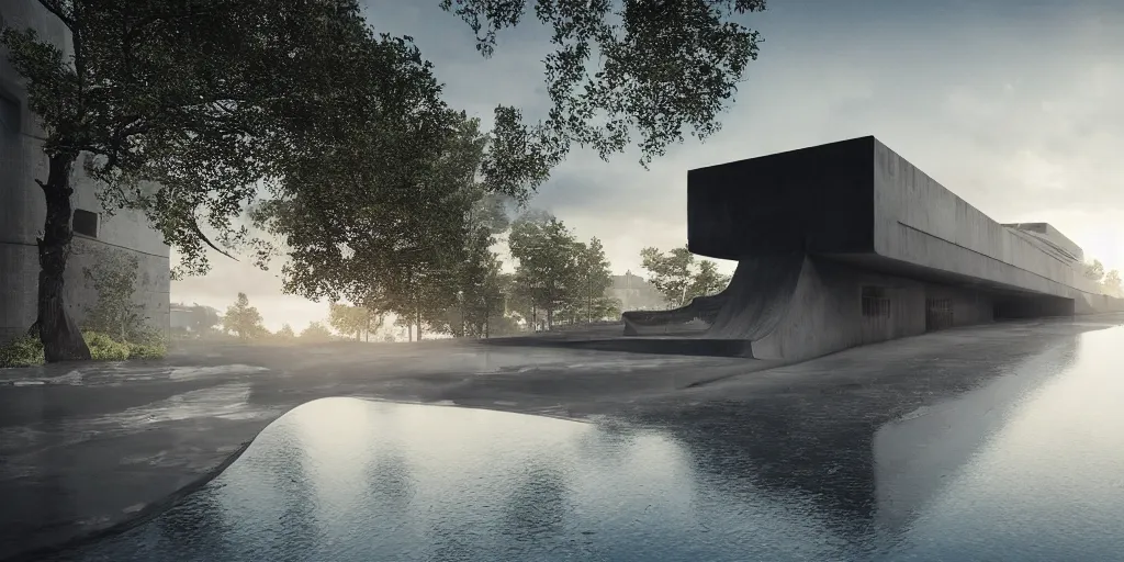 Image similar to render of huge futuristic concrete building by le corbusier, puddles of water, trees and bushes, dune style, neon glow, vivid color, moody lighting, unreal engine, bright sunrise, epic skies, foggy