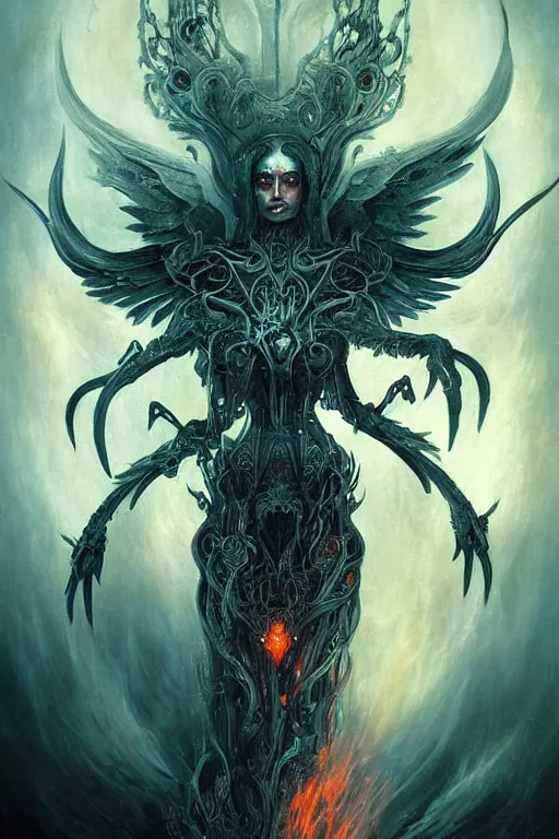 Prompt: Biomechanical Angel of Fire, beautiful, fantasy, magic, digital art by Seb Mckinnon and Peter Mohrbacher, professional illustration