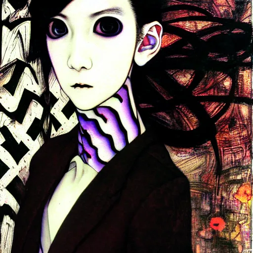 Image similar to yoshitaka amano blurred and dreamy realistic three quarter angle portrait of a young woman with black lipstick and black eyes wearing dress suit with tie, junji ito abstract patterns in the background, satoshi kon anime, noisy film grain effect, highly detailed, renaissance oil painting, weird portrait angle, blurred lost edges