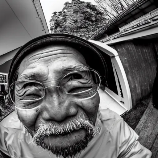 Prompt: Fisheye selfie of an old japanese man with long beard, extreme fisheye