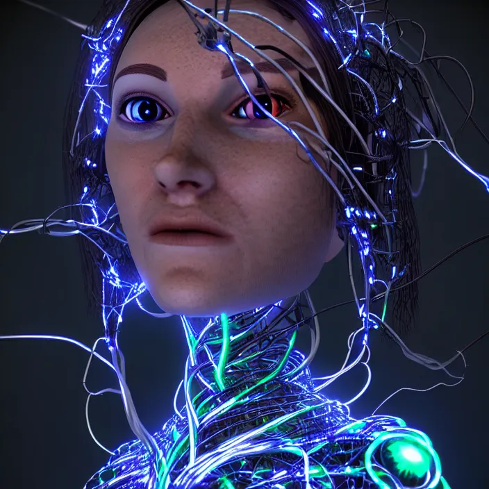 Prompt: female cyborg dryad portrait, entwined by light frequencies and wiring, octane render, universe and stars in the background, dark surreal, light shining through, hyper - realistic, highly detailed, sharp focus, smooth, intricate