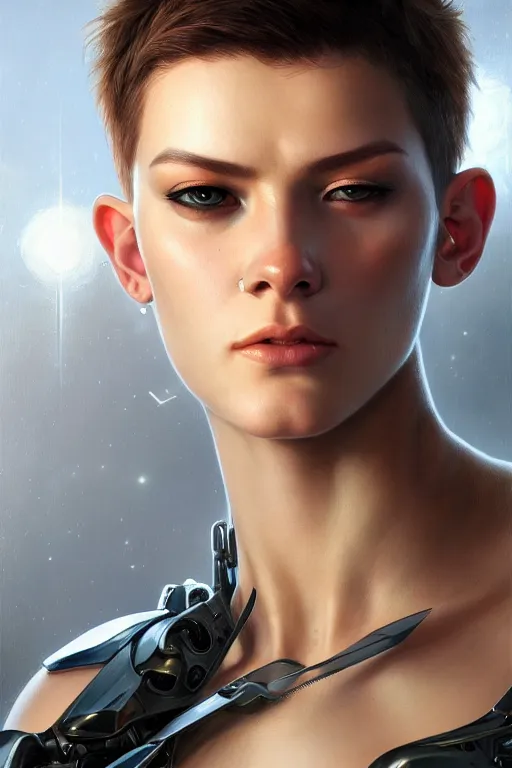 Image similar to photorealistic portrait of a young butch cyborg woman, handsome, female, masculine, upper body, fantasy, fierce, sharp features, intricate, elegant, highly detailed, digital painting, artstation, concept art, matte, sharp focus, illustration, art by artgerm and greg rutkowski and alphonse mucha