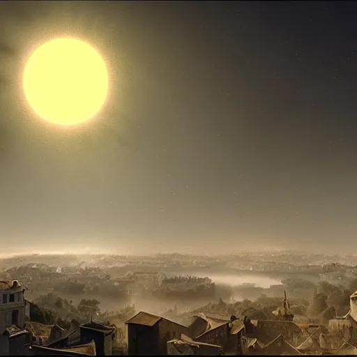 Image similar to dark solar eclipse, above a village, highly detailed, studio 4 k quality, by vittorio matteo corcos