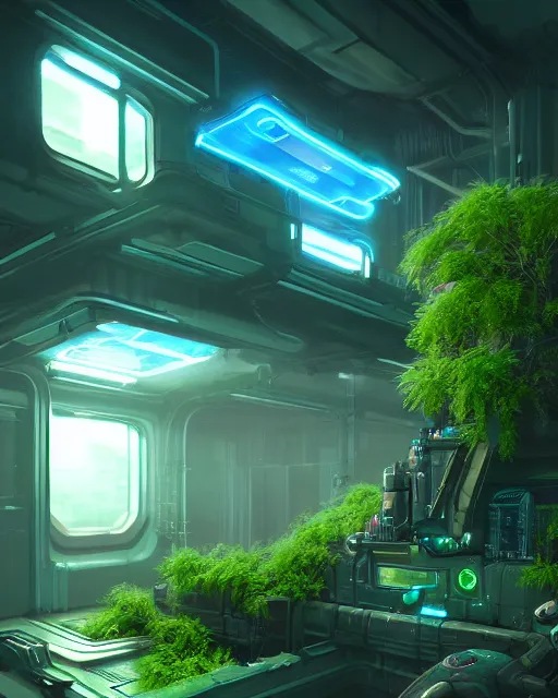 Image similar to Solarpunk gaming PC, futuristic utopia, scifi, green plants, blue light, small room, fine details, atmosphere, glow, extreme realistic, trending on artstation