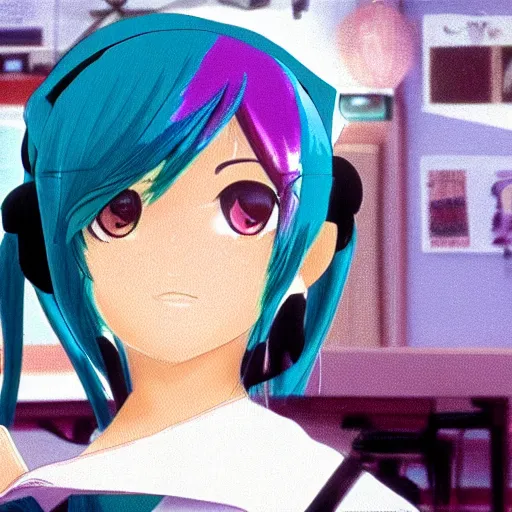 Prompt: a still of Hatsune Miku in The Breakfast Club (1985)