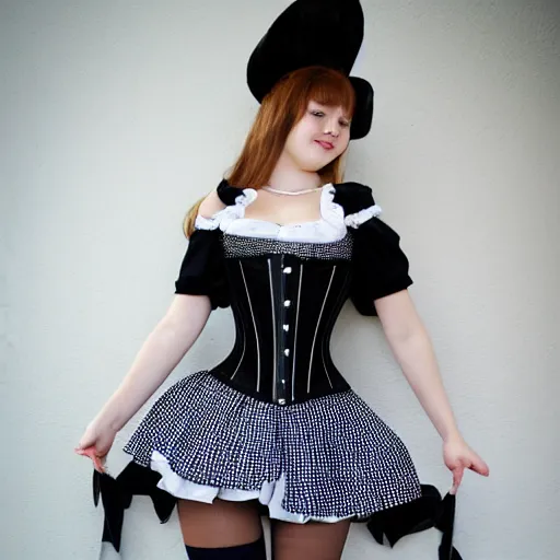 Image similar to full-length photo of cute beautiful 18 year old girl in skirt, thigh highs and corset