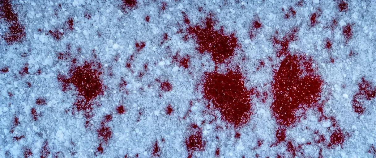 Image similar to top view extreme closeup movie like 3 5 mm film photograph of blood splattered onto the snow in antarctica at night, very dimly lit, in the style of macro photography