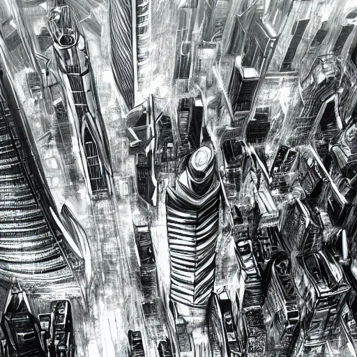 Image similar to concept art of tokyo city taken from drone by ashley wood and j. m. w. turner, speed painting, photo bash, cinematic angle, super detailing, monochrome