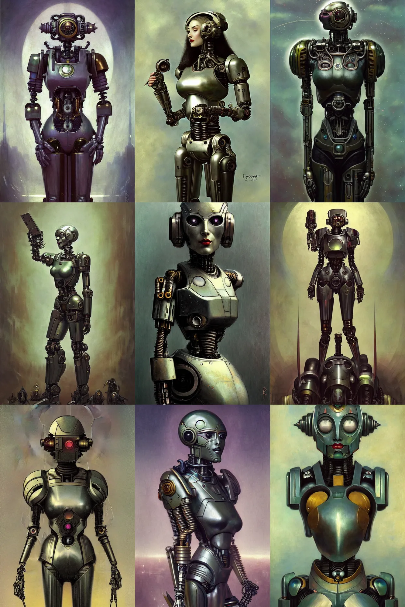 Prompt: fullbody or portrait, simple futurist cyborg empress, warhammer 4 0 k, perfect future, award winning art by santiago caruso, iridescent color palette, beautiful face, by wlop and karol bak and bouguereau and viktoria gavrilenko, 1 9 5 0 s retro future robot android. muted colors