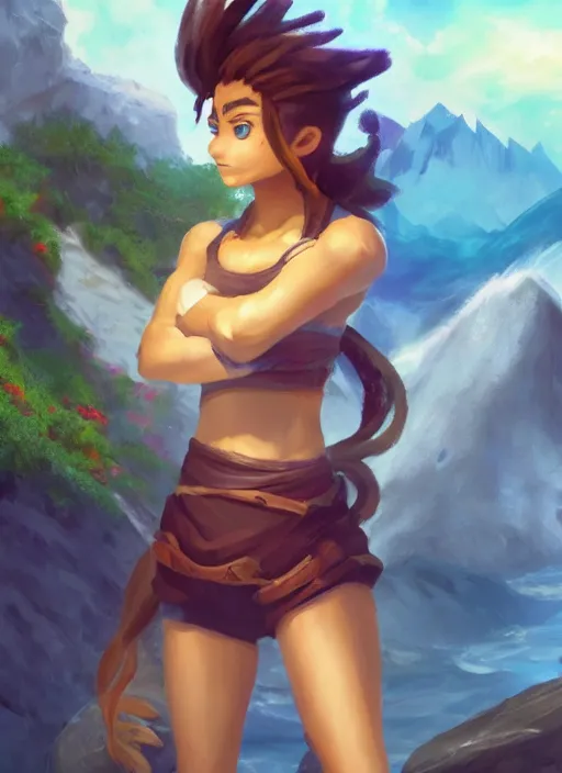 Image similar to youthful taliyah, from league of legends, au naturel, surfing a rock, with abs, hyper detailed, mountain background, digital art, trending in artstation, cinematic lighting, studio quality, smooth render, unreal engine 5 rendered, octane rendered, art style by klimt and nixeu and ian sprigger and wlop and krenz cushart