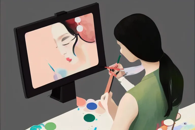 Image similar to beautiful illustration of a female artist painting an artwork on a computer screen by Hsiao-Ron Cheng, trending on art station