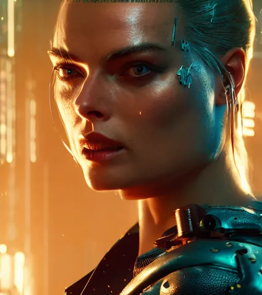 Image similar to cyberpunk 2 0 7 7, charismatic rugged female battle margot robbie - mage portrait, clothed in hooded, metal - plated battle armor atmospheric lighting painted intricate volumetric lighting, beautiful, sharp focus, ultra detailed by leesha hannigan, ross tran, thierry doizon, kai carpenter, ignacio fernandez rios