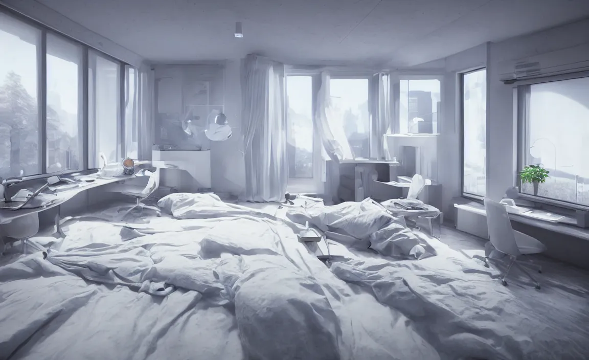 Prompt: bedroom, white bed, computer on the desk, warm lighting, floor to ceiling window, the night scene outside the window. future science fiction. game cg, hyperdetailed, trending on cgsociety