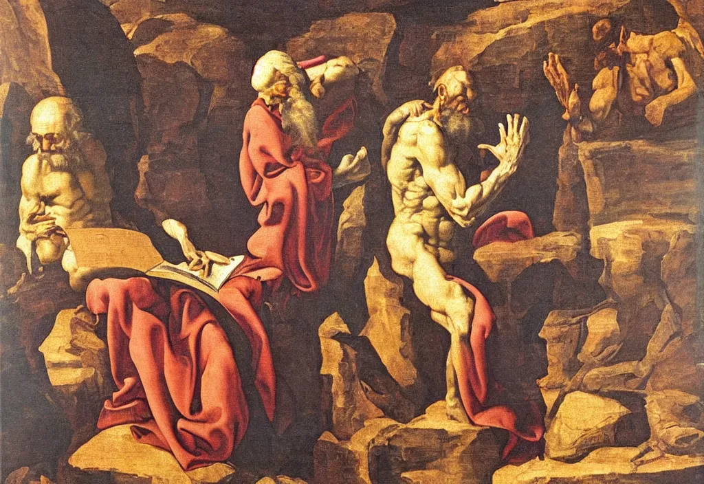 Prompt: saint jerome in the cave translating the bible into vulgate oil painting in the style of michelangelo