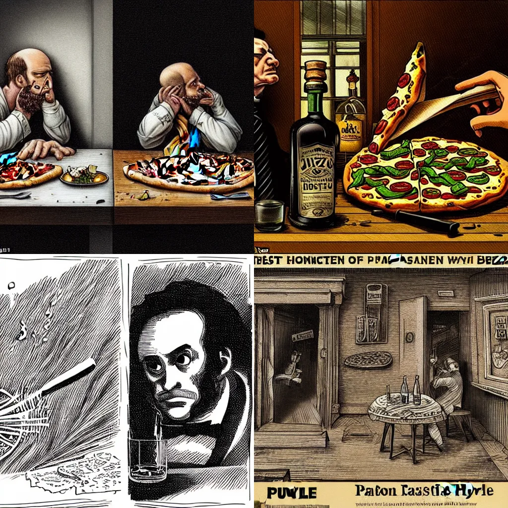 Prompt: the best lack all conviction while the worst are full of passionate intensity, battle of pasta versus pizza, insanely detailed and intricate, hyperrealistic, seen through broken glass of whiskey, jekyll and hyde