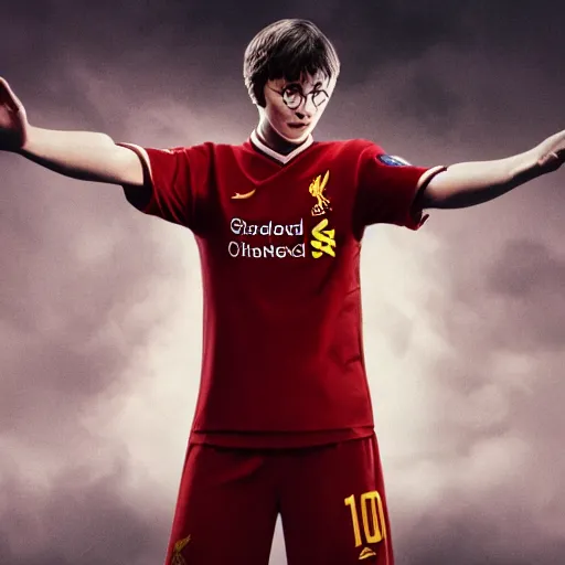 Prompt: portrait of harry potter wearing a liverpool jersey, highly detailed, masterpiece painting, 4 k, octane render,