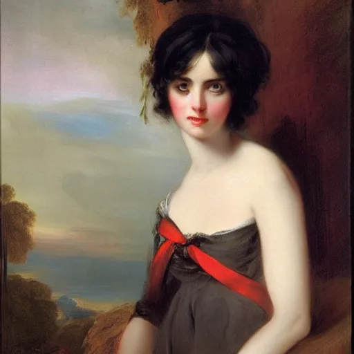 Prompt: Romanticism painting of a young woman with short dark hair painted in 1798 by Sir Thomas Lawrence