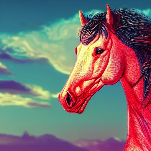 Prompt: digital horse, retrowave palette, highly detailed, anatomically correct equine, synth feel, smooth face, ear floof, flowing mane, no reins, super realism, snoof, accurate animal imagery, 4 k digital art