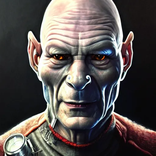 Image similar to portrait painting of a cyberpunk orc doctor who looks like patrick stewart, ultra realistic, concept art, intricate details, eerie, highly detailed, photorealistic, octane render, 8 k, unreal engine. art by artgerm and greg staples and elsa beskow and brian froud and jessica rossier