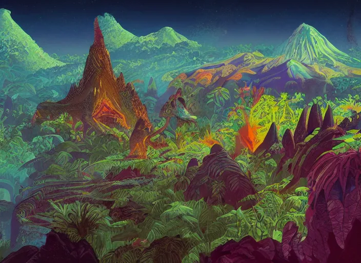 Image similar to psychedelic art of dinosaurs and volcanoes, jungle landscape, detailed, cel shaded, by makoto shinkai and moebius and anton fadeev and james gurney