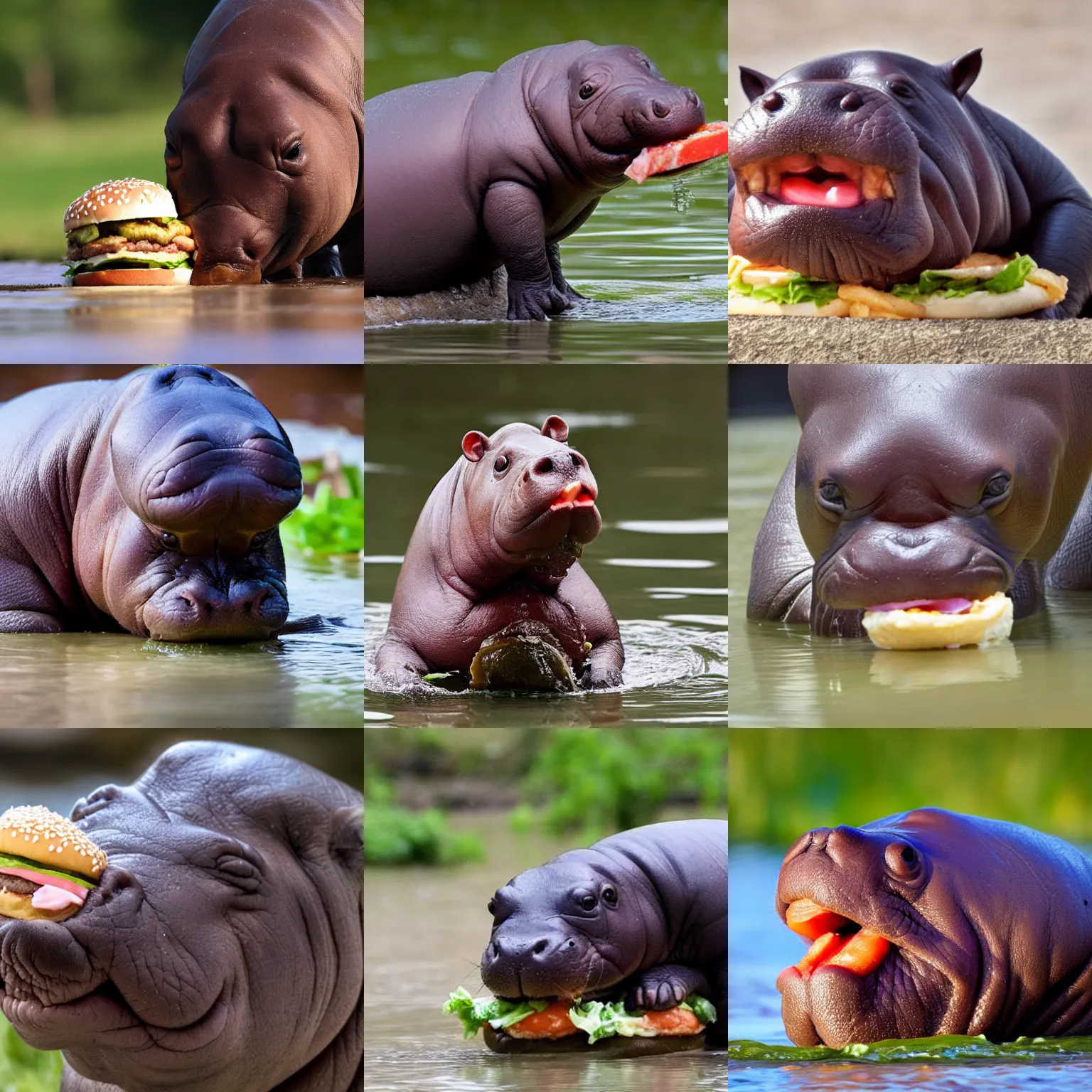 Prompt: a baby hippo opening its mouth wide, eating a big mac burger