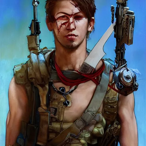 Image similar to portrait of a young white hero using his right arm to hold his sword covering his eye by yoji shinkawa, high quality, extra details, realism, ornate, colored, golden chain, blood, white skin, short hair, brown eyes, vivid, sunlight, dynamic, american man, freedom, white american soldier, painting, cybernetics, military