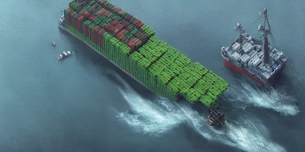 Prompt: rescue ship with algae farms, fresh produce, 5 cargo containers, digital art, 8 k resolution, unreal engine, highly detailed, very detailed eyes, photorealistic by wlop, greg rutkowski, rim light, exquisite lighting, clear focus, very coherent,