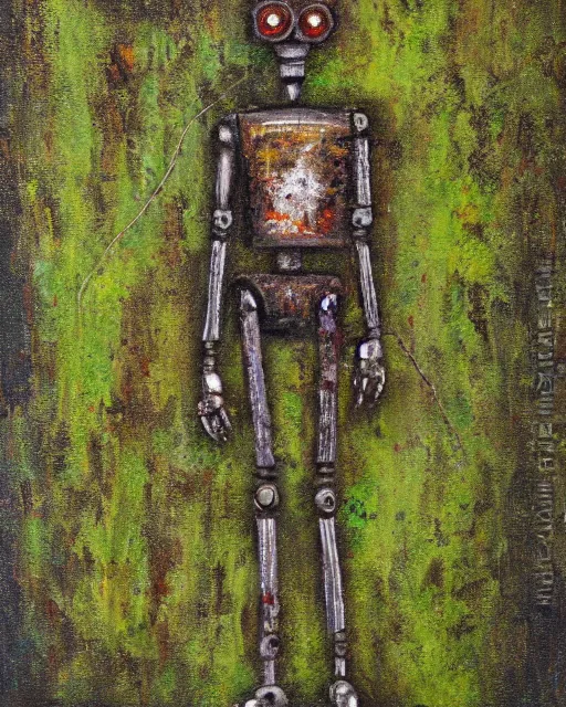 Image similar to detailed oil painting of a decayed, rusty, humanoid robot, covered in moss