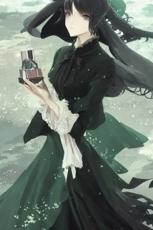 Image similar to victorique de blois anime girl gosick super detailed green eyes green eyes green eyes green eyes black dress black dress black dress black dress blonde hair by greg rutkowski makoto shinkai aramaki shinji artgerm, cushart krenz key art feminine award winning