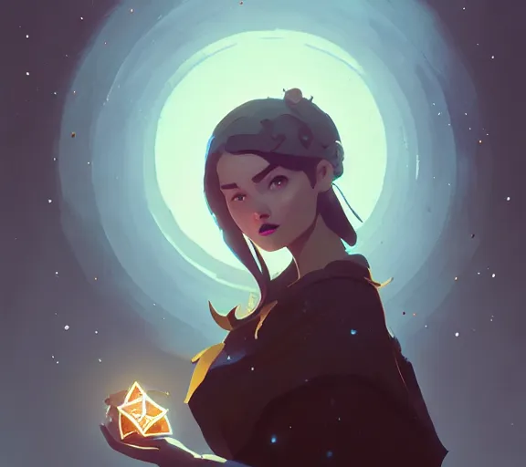 Prompt: portrait woman with stars in her eyes, fantasy, matte painting, illustration, hearthstone, by atey ghailan, by greg rutkowski, by greg tocchini, by james gilleard, by joe fenton, by kaethe butcher, dynamic lighting, gradient light blue, brown, blonde cream and white color scheme, grunge aesthetic