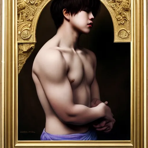 Image similar to wide angle full body portrait of Park Jimin as Antinous, dramatic photography, dramatic facial expression, tears, hand on his cheek, soft skin, soft blush, intricate, ethereal, highly detailed, high resolution, 8K resolution, sharp focus, Unreal engine 5, smooth, art by J. C. Leyendecker