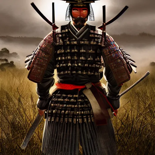 Image similar to ginormous samurai standing on old japanese battlefield, detailed digital artwork, symmetrical, highly detailed, highly accurate, deep aesthetic, 8 k, highly ornate intricate details, cinematic lighting, rich colors, ray tracing, hyperrealistic, photorealistic, cinematic landscape, trending on artstation,